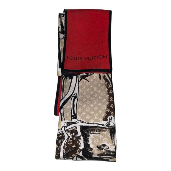 Louis Vuitton Bandeau Tribute Two Red Beige Silk Scarf W/Box - Picture 8 of 11